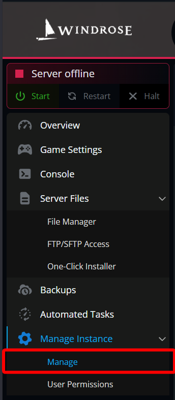 Windrose server panel sidebar with the Manage option highlighted under Manage Instance.