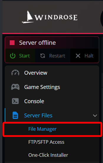 Windrose server panel sidebar with the File Manager option highlighted under Server Files.