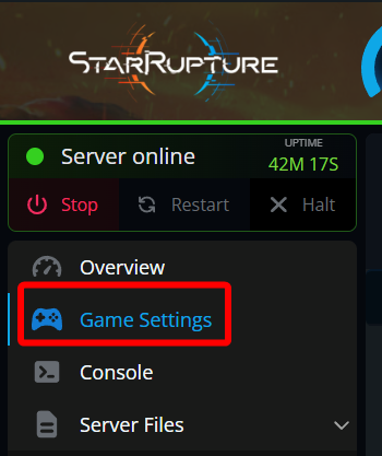 StarRupture server panel sidebar with the Game Settings option highlighted.