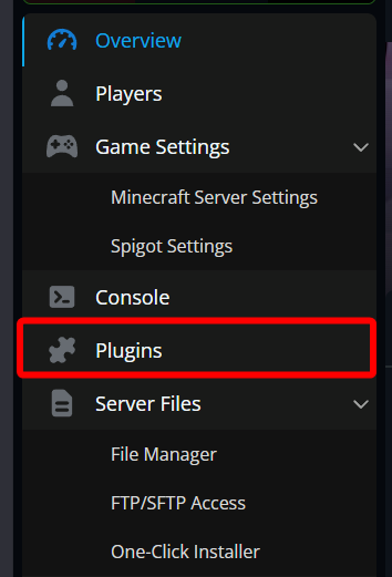 Nodecraft control panel sidebar showing the Plugins menu option highlighted under the Minecraft server navigation.