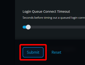 The lower section of the Project Zomboid Server Settings page showing the Submit button below the login queue connection timeout setting.