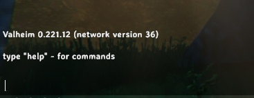 The Valheim in-game console open with the command prompt visible and the help message displayed.