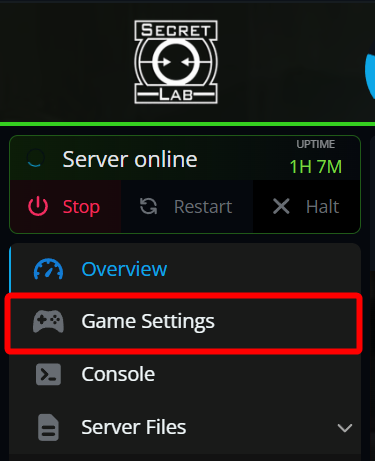 SCP: Secret Laboratory server panel with the Game Settings option highlighted in the left-hand navigation menu.