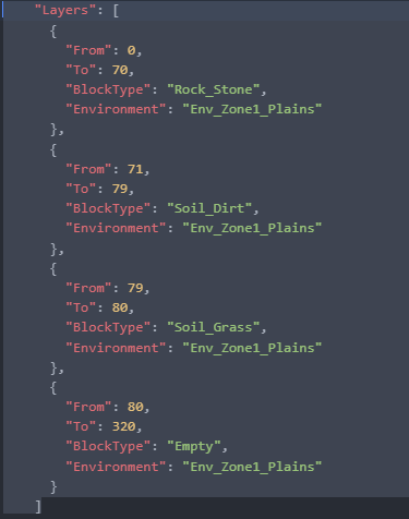 Custom flat world layer definitions in a Hytale world configuration file.