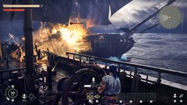 Several pirates on a deck of a sloop are firing cannons at another ship in a Windrose game server