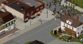 Isometric top-down view of a Project Zomboid town street with multiple buildings, houses, roads, and a large horde of zombies spreading across the area.