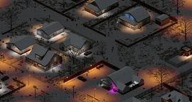 Isometric top-down view of illuminated residential houses and streetlights along a suburban road at night in Project Zomboid.