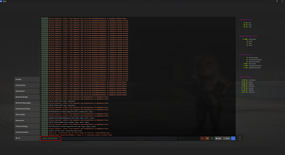 A screenshot of the s&box in-game console window showing the direct connect command entered at the bottom to join a dedicated server via IP address.