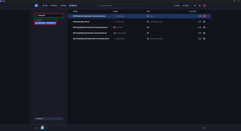 A screenshot of the s&box in-game server browser with the search bar at the top highlighted in a red box, showing how to filter for specific community servers.