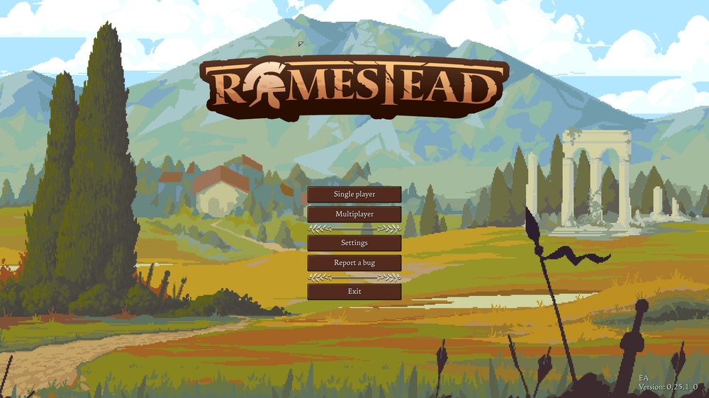 The official Romestead main menu screen showing the game logo over an illustrated landscape with mountains, valleys, and menu options including Multiplayer.