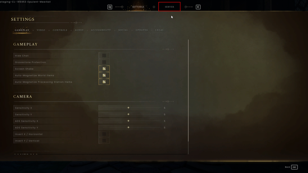 A screenshot of the  settings tab in RuneScape: Dragonwilds. There is a Server tab highlighted in the top. The menu features several toggle switches and input fields for server-specific configurations, such as 