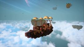 A wide-angle shot of a custom-built wooden airship with multiple balloons flying toward distant floating islands in a bright blue sky in Everwind.