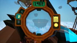 A first-person view in Everwind showing a character holding a circular bronze navigational tool with a digital display and a view of a floating island in the center lens.