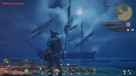 A pirate standing on the shore, looking at a sloop anchored nearby with a dark night sky and moon above