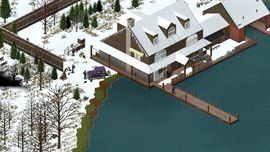 Isometric top-down view of a large multi-story wooden lodge in winter, surrounded by snow-covered ground, pine trees, a dock, and a lake in Project Zomboid.