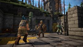 Third-person view of player and armored skeletons gathered in a detailed stone brick fortress with wooden scaffolds and pine trees in the background under a clear sky.