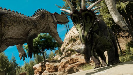 A feathered Allosaurus with its mouth open, lunging toward a defensive Styracosaurus in a sunlit, rocky forest environment in Path of Titans.