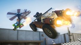 An action-packed s&box gameplay screenshot featuring a player flying a small helicopter contraption and another driving a custom armored vehicle with glowing thrusters.