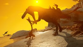A feathered Latenivenatrix dinosaur performing a pounce attack on another dinosaur during a vibrant sunset in Path of Titans.