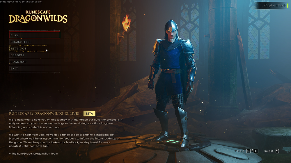 The main menu of RuneScape: Dragonwilds showing the 