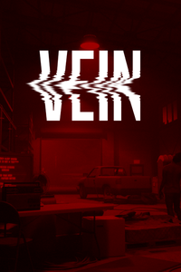 Dark industrial scene with a distorted "VEIN" text overlay. A pickup truck is parked inside a dimly lit garage with red lighting.
