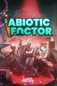 Three characters in futuristic gear wield tools in a chaotic lab setting under a red spotlight. Text reads "Abiotic Factor."