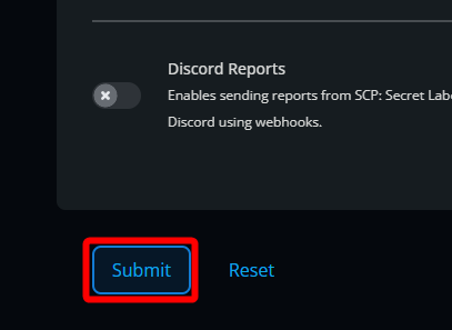 Close-up of the Nodecraft control panel settings area showing a red box highlighting the blue Submit button located next to the Reset option.