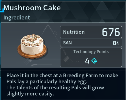 Palworld Mushroom Cake item card showing a cake; Nutrition 676, SAN 84, Technology Points 4; place in Breeding Farm chest to help Pals breed more easily.