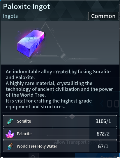 Paloxite Ingot card showing a glowing purple-blue ingot; common rarity; alloy of Soralite and Paloxite for crafting high-grade equipment.