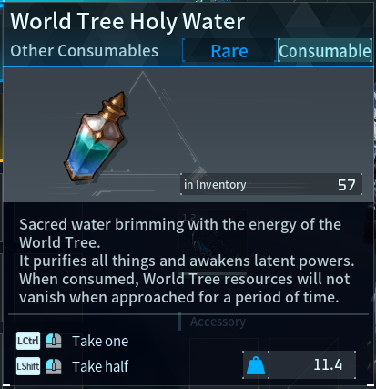 Inventory screen showing World Tree Holy Water: teal bottle, rare consumable; tooltip describes purification and awakening latent powers; quantity 57.