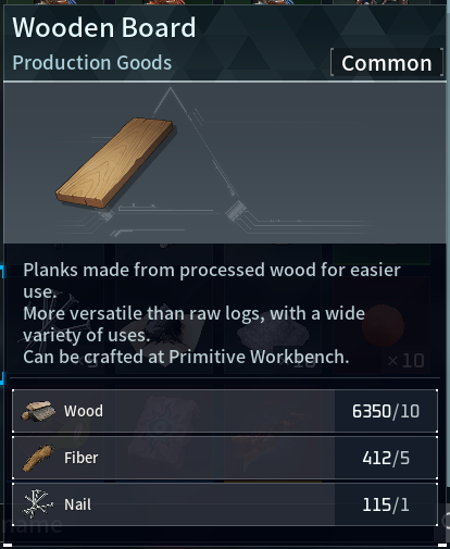 Palworld Wooden Board UI with a wooden plank image and description about processed wood planks; Common rarity; resources: Wood 6350/10, Fiber 412/5, Nail 115/1.