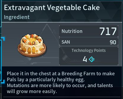 Palworld Extravagant Vegetable Cake item card showing a decorated cake; Nutrition 717, SAN 90, Technology Points 4; breeding farm tip text.