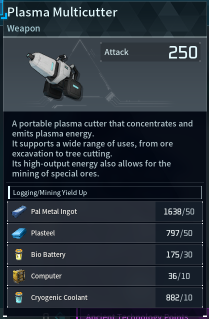 Plasma Multicutter weapon panel showing attack 250, description, and mining yields (Pal Metal Ingot, Plasteel, Bio Battery, Computer, Cryogenic Coolant).