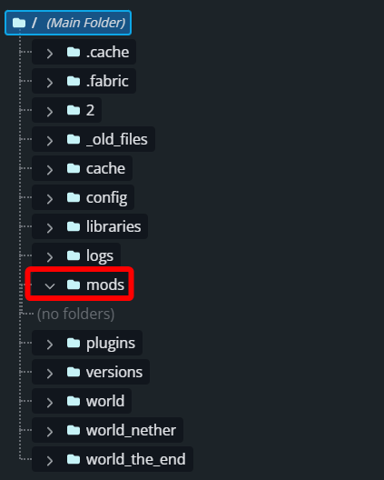 Minecraft server File Manager with the mods folder highlighted in the directory tree.