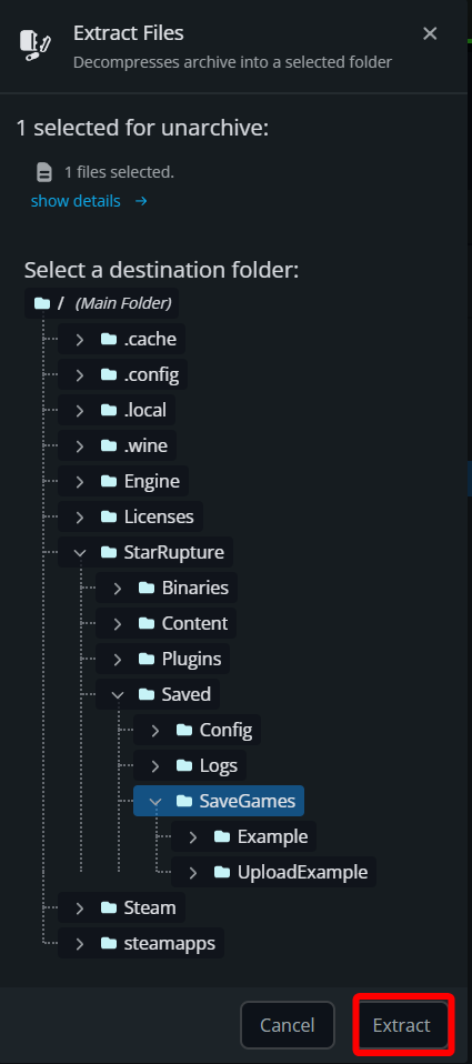 Extract Files window in the StarRupture File Manager with the SaveGames folder selected and the Extract button highlighted.