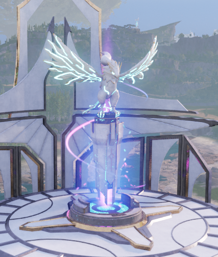 A newly activated Fast Travel Watchtower in Palworld, glowing with blue energy while a Nitewing statue stands atop the platform, allowing players to quickly travel between discovered locations.