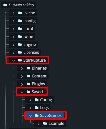 StarRupture File Manager open to the Saved and SaveGames folder path on the server.