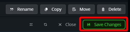 Close-up of the Nodecraft code editor toolbar showing a red box highlighting the green Save Changes button next to Rename, Copy, Move, and Delete options.