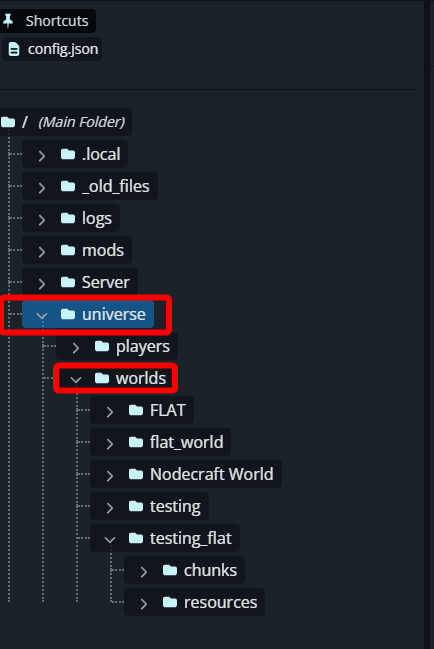 Navigating to the universe and worlds folders in the Hytale server file structure.