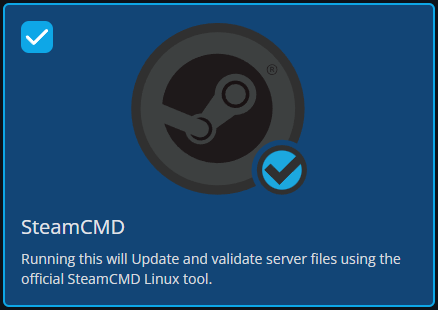 Blue card with Steam logo circle and blue check badge; title SteamCMD and text about updating and validating server files using SteamCMD Linux tool.