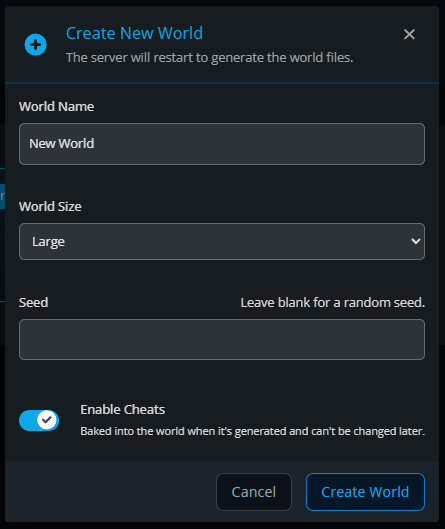 Create New World window for a Romestead server showing world name, world size, seed options, and cheats enabled before generating a new world.