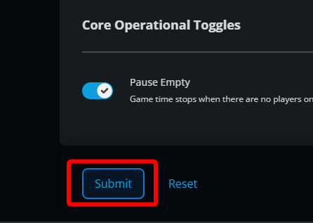 The lower section of the Project Zomboid Basic settings page showing the Submit button beneath the core operational settings.