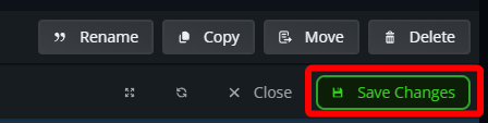 Close-up of the Nodecraft code editor toolbar showing a red box highlighting the green Save Changes button next to Rename, Copy, Move, and Delete options.