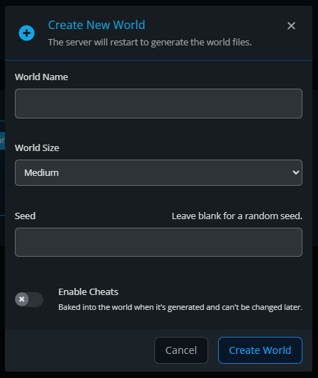 Create New World window for a Romestead server displaying world creation settings with cheats disabled, including world name, size selection, and seed configuration.