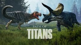 The official Path of Titans game logo centered over an action shot of a feathered Allosaurus lunging at a Styracosaurus in a forest.