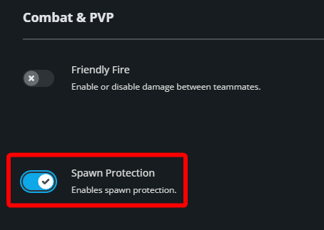 Spawn Protection gameplay setting enabled to provide temporary protection to players after spawning.