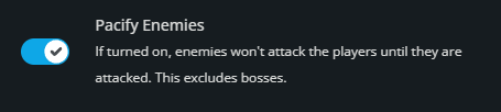 Enshrouded Pacify Enemies setting enabled, preventing regular enemies from attacking players until they are attacked first.
