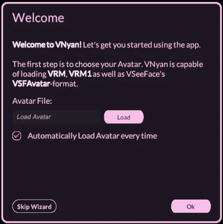 VNyan welcome screen showing avatar file loader,