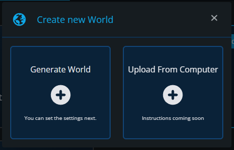 Nodecraft Windrose Create New World window showing options to generate a world or upload one from a computer.