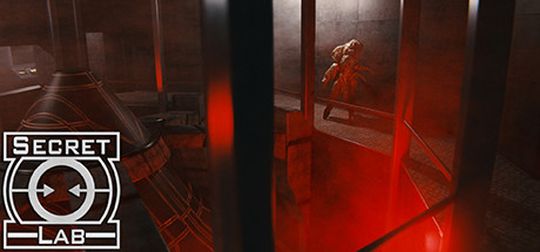 A dimly lit, red-tinted lab with a creature in the background. "Secret Lab" logo is visible in the foreground.